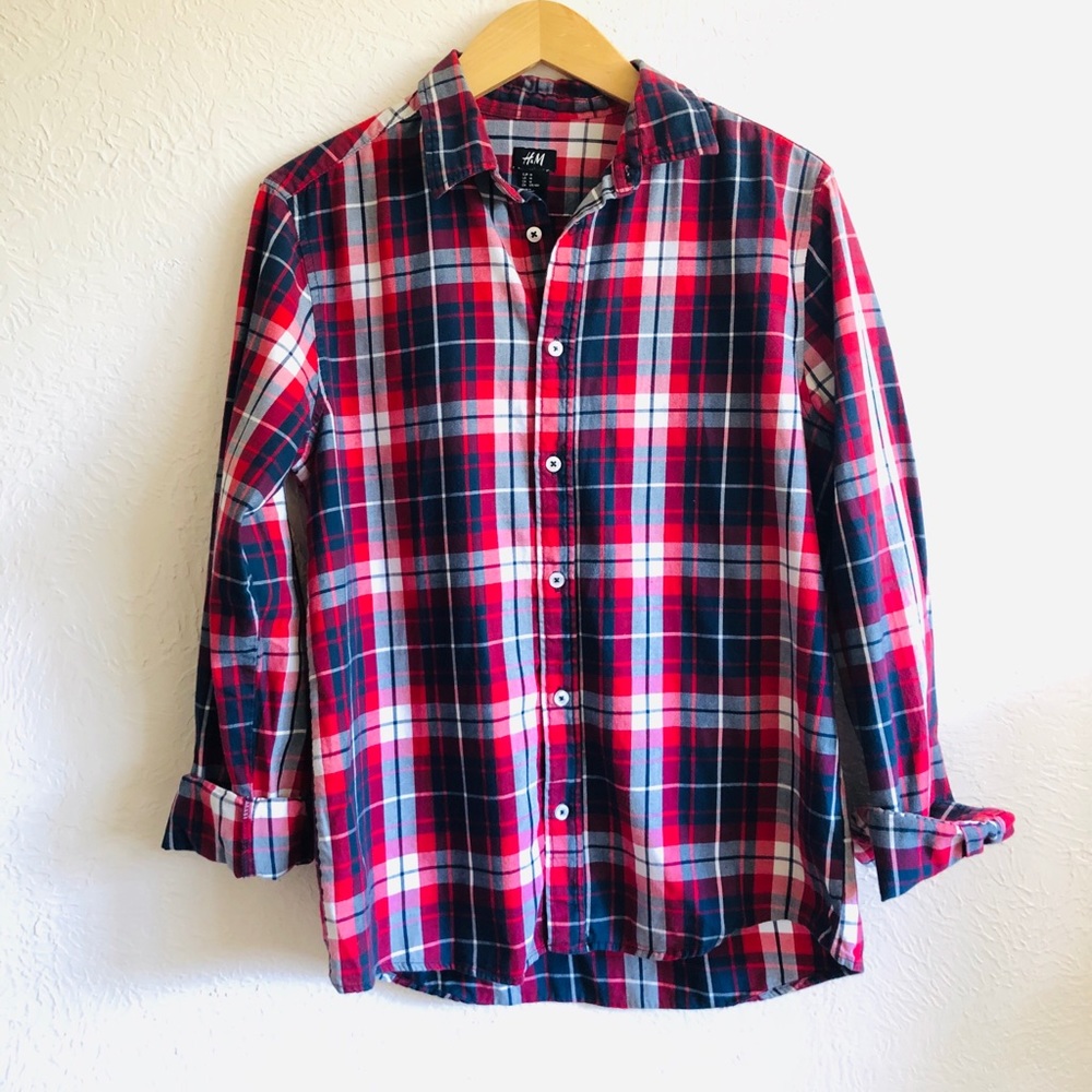 3/$12 Red, White, & Blue Plaid Americano Button Up